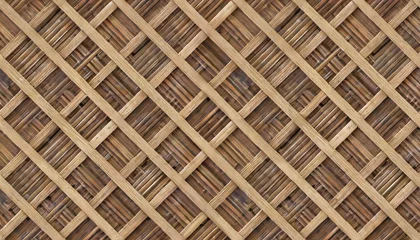 Gordijnen seamless square grid wood lattice texture isolated on background tileable light brown redwood pine or oak trellis of woven crosshatch boards wooden fence planks pattern 3d rendering © Richard