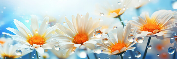 Vibrant white daisies adorned with water droplets against a refreshing blue background, exuding purity and clarity.