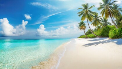 Fototapeta premium beautiful tropical beach sea waves white sand palm trees turquoise ocean against sunny blue sky clouds happy summer day perfect landscape background for relaxing vacation amazing maldives travel