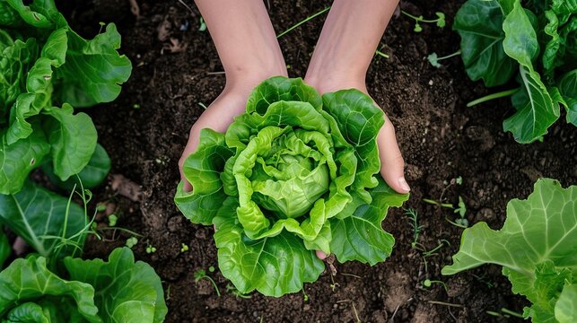From above big green lettuce in hands on loose soft earth in garden