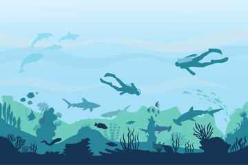 Underwater landscape with divers, algae and fish silhouettes. Vector illustration.
