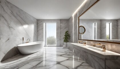 Fototapeta na wymiar stylish marble bathroom with large oval bathtub and twin washbasins with copyspace for text