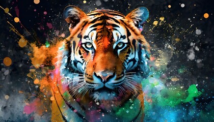 colorful modern tiger illustration on dark splatter background