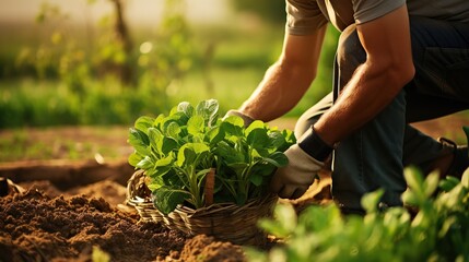 Fototapeta premium Farmer's hands planting vegetable seeds in vegetable garden. gardener's hands. Caring for Vegetables in the nursery garden. Close distance