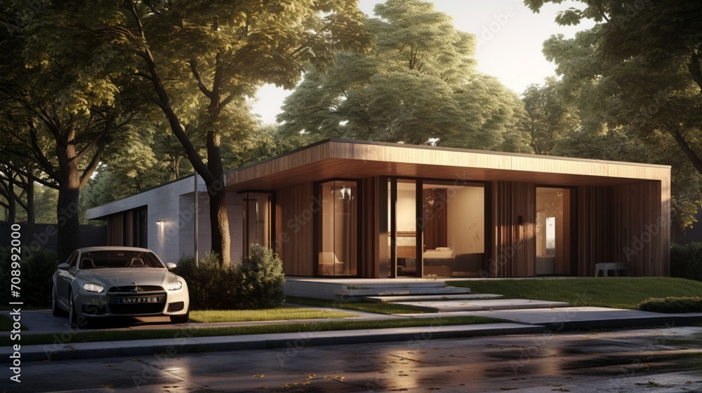 Poster designing a contemporary cabin-style bungalow with sleek lines and expansive spaces - ai generative