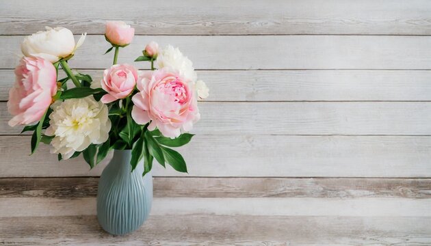 flowers in a vase peonies and roses soft pastel color on wooden background beautiful composition valentine s day easter birthday happy women s day mother s day view copy space