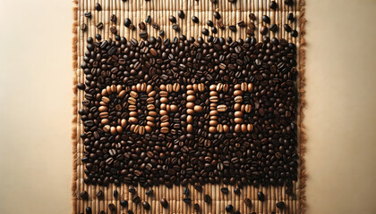 Overhead view of coffee beans with the writing "COFFEE" on a background of a straw mat