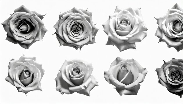 silver rose flowers set light white background isolated close up top view beautiful black and white roses flower collection shiny gray metal rosa floral design element natural pattern decoration