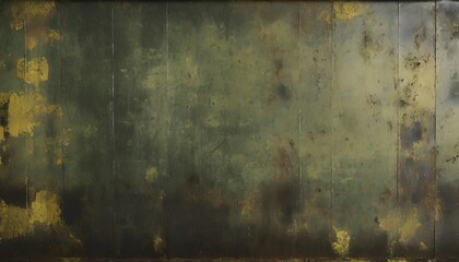 rusty weathered and dirty metal panel painted with khaki green chipping paint flat empty textured surface for dystopian cyber punk army wallpaper background - obrazy, fototapety, plakaty