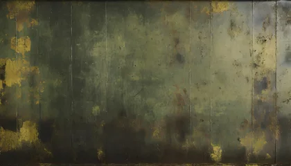 Tuinposter rusty weathered and dirty metal panel painted with khaki green chipping paint flat empty textured surface for dystopian cyber punk army wallpaper background © Richard