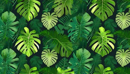 green seamless tropical wallpaper pattern with tropical leaves of monstera palm banana dark plant background great for fabric wallpaper paper design - Powered by Adobe