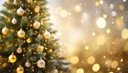 Obraz na płótnie Canvas merry christmas and happy new year festive bright beautiful background decorated christmas tree on blurred background de focused lights gold bokeh