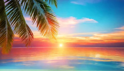 Poster beautiful sea sunset landscape ocean sunrise tropical island beach dawn palm tree leaves silhouette blue water colorful red pink orange yellow sky clouds sun reflection summer holidays vacation © Richard