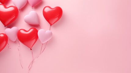Valentine's day, bachelorette, wedding, birthday or party background with pink, red and white balloons in the form of red and white hearts on pink background.
