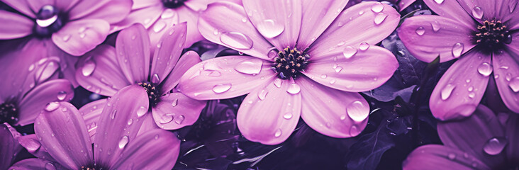 I love purple flowers, they are very beautiful, in the style of nature morte, cross-processing/processed, light pink, macro zoom, storybook-like, monochromatic color scheme, water drops


