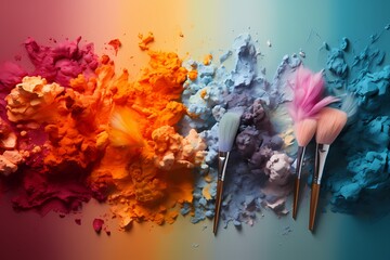 Array of vibrant watercolor brushes in various sizes, adding a touch of artistic flair to a coral background with ample space for creative text