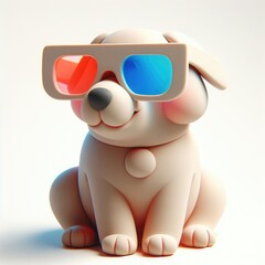 Naklejka premium Adorable Cartoon Dog in 3D Glasses with Red and Blue Lenses. 3D Cartoon Clay Illustration on a light background.
