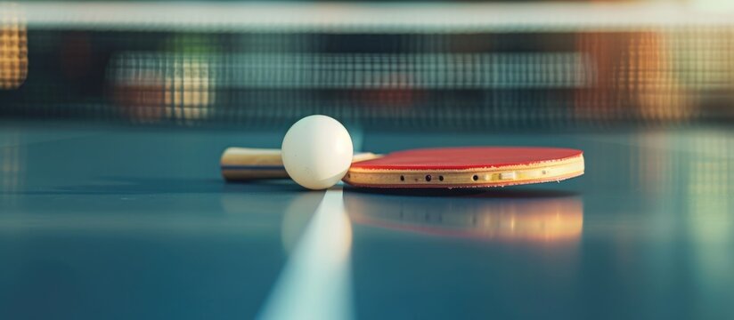 Before the rapid exchange in table tennis, the bat and ball are in anticipation, placed on the table's edge.