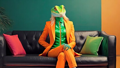 a humanoid lizard wearing a bright green and orange suit in the style of pop art influencer sitting...