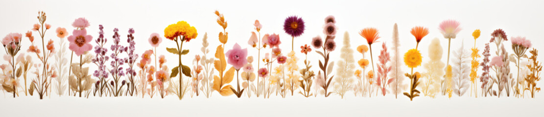 An arrangement of colorful flowers, some of them falling down, in the style of panoramic scale, minimalist purity, decorative borders, focus stacking, dansaekhwa, light orange and white, white backgro