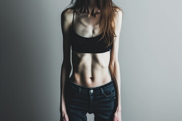 Woman with an eating disorder, anorexia nervosa, in front of a blank wall