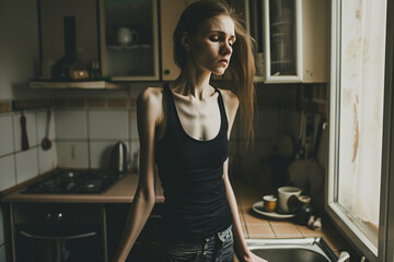 Fototapeta na wymiar Woman with an eating disorder, anorexia nervosa, in kitchen 