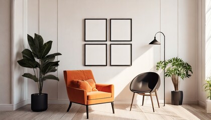 mockup blank 4 black picture frame gallery on the white beige wall in contemporary living room with orange armchair and house plants in morning sunlight 3d render for poster frame template generat