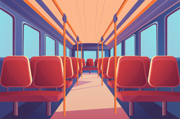 Cartoon Color Empty School Bus with Passenger Seats Interior Inside Scene Concept Flat Design Style. Vector illustration © bigmouse108