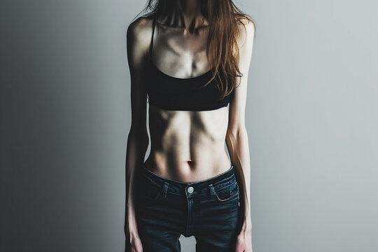 Woman with an eating disorder, anorexia nervosa, in front of a blank wall