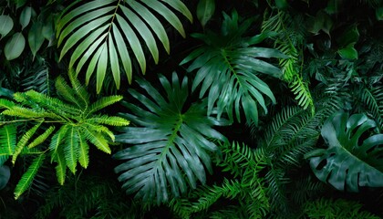 Naklejka na ściany i meble closeup nature view of palms and monstera and fern leaf background flat lay dark nature concept tropical leaf
