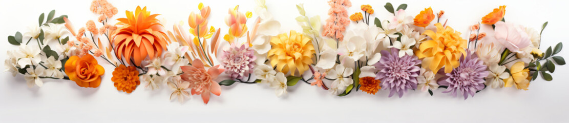 Obraz na płótnie Canvas An arrangement of colorful flowers, some of them falling down, in the style of panoramic scale, minimalist purity, decorative borders, focus stacking, dansaekhwa, light orange and white, white backgro