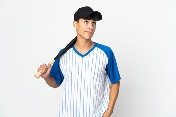 Man playing baseball over isolated white background and looking up