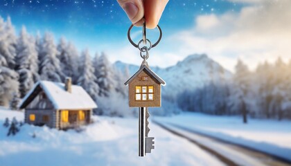 key on keychain with small house in winter landscape