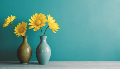 ceramic vases with yellow flowers on teal blue wall background
