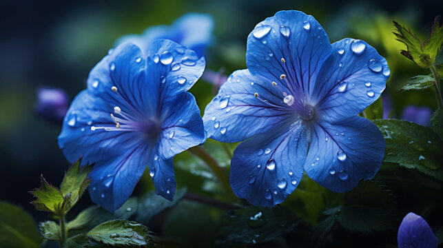 Close-up of vibrant blue geranium flowers adorned with fresh raindrops, capturing the essence of a rainy garden.