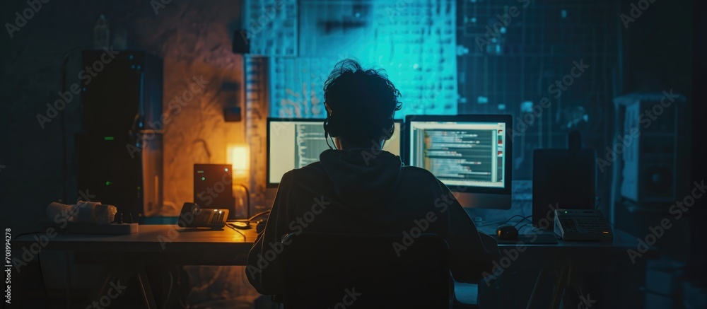 Aufkleber late at night, a computer hacker expertly enters code, bypassing cyber security, and steals informat