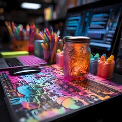 A burst of neon-colored highlighters outlining the edges of a neat and organized desk space, featuring an open notebook waiting for thoughts - obrazy, fototapety, plakaty