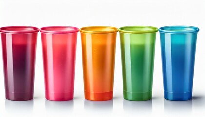 colorful empty plastic cups set isolated white closeup color blank drinking glasses beverage cocktail water tea juice coffee mug disposable takeaway utensil container mockup tumbler template