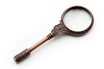 vintage magnifier in bronze frame isolated on transparent background, png
