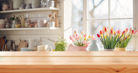 Light empty board against the background of a blurred light spring kitchen with tulips in a Scandinavian style.Ready for product montage.Easter time.Mockup. Banner - Powered by Adobe