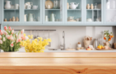 Light empty board against the background of a blurred light spring kitchen with tulips in a...
