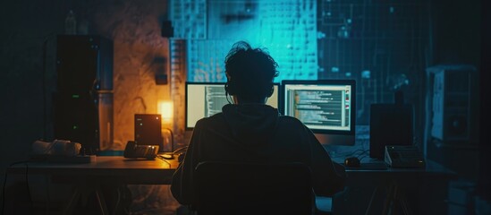 Late at night, a computer hacker expertly enters code, bypassing cyber security, and steals information in a corporate office. - obrazy, fototapety, plakaty