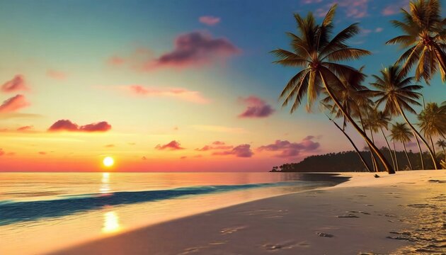 paradise beach with palm trees and calm ocean at dawn or sunset panoramic banner of a peaceful landscape generative ai