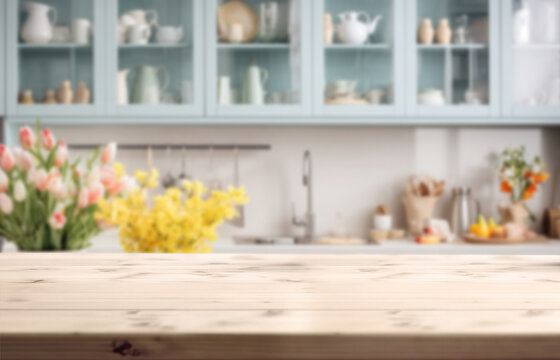 Light empty board against the background of a blurred light spring kitchen with tulips in a Scandinavian style.Ready for product montage.Easter time.Mockup