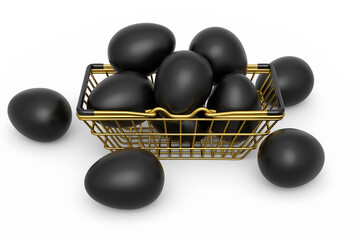 Luxury black eggs in metal basket or paper cardboard for morning breakfast