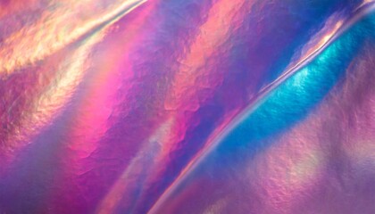 close up of ethereal bright neon pink magenta orange blue purple holographic metallic foil background abstract modern curved blurred surreal futuristic disco rave techno festive backdrop - obrazy, fototapety, plakaty