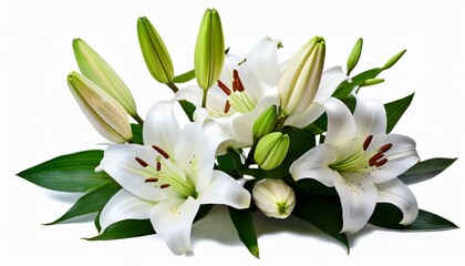 Fototapeta na wymiar white lily flowers and buds with green leaves on white background isolated close up lilies bunch elegant lilly bouquet lillies floral pattern holiday greeting card or wedding invitation design
