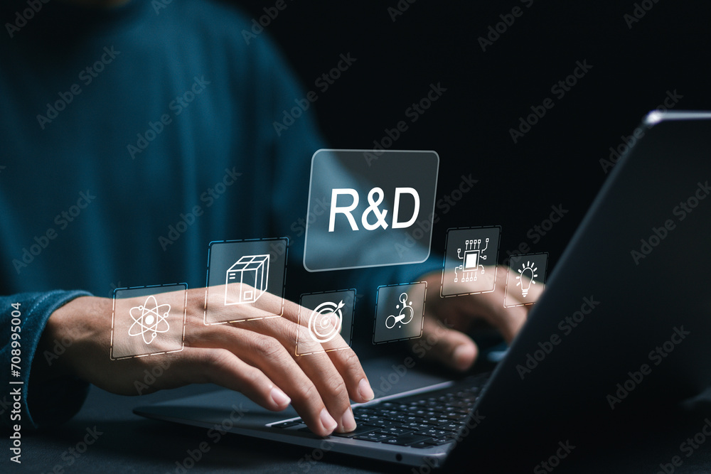 Aufkleber person use laptop with r and d word for research and development. manage costs more efficiently, res