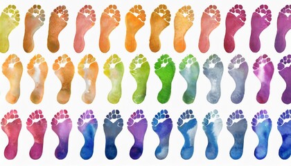 rainbow color human footprints way white background isolated colorful watercolor barefoot footsteps pattern foot print collection walking path illustration bare feet route trail imprint stamp mark - obrazy, fototapety, plakaty
