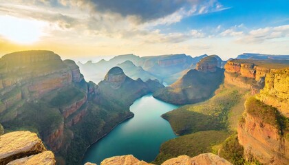 blyde river canyon blue lake three rondavels and god s window drakensberg mountains national park panorana on beautiful sunset light background top view south africa mpumalanga province - obrazy, fototapety, plakaty